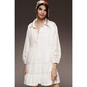 Anthropologie Maeve White Linen Blend Tiered Mini Dress Boho Resort Coastal XL